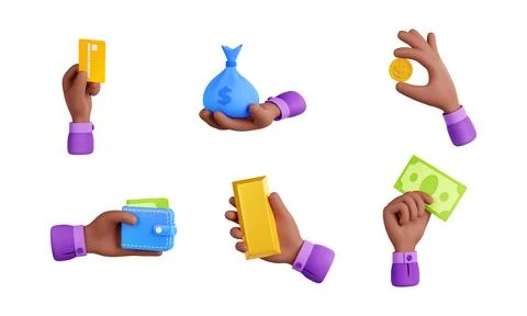 3d render black hand with money isolated icons set Stock-Illustration