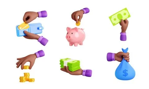 3d render black hand with money isolated icons set Stock-Illustration
