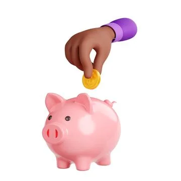 3d render black hand put gold coin into piggy bank Illustrazione stock