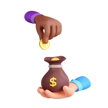 3d render black hand put coin into sack on palm イラスト素材