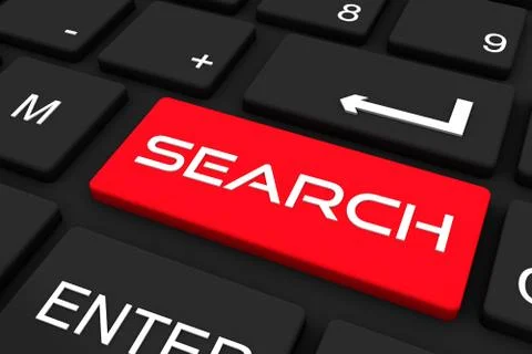 3D render. Black keyboard with search key , Business and technology concept b Stock Illustration