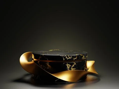 3d render black marble pedestal with gold wave ribbon for display cosmetic Illustrazione stock