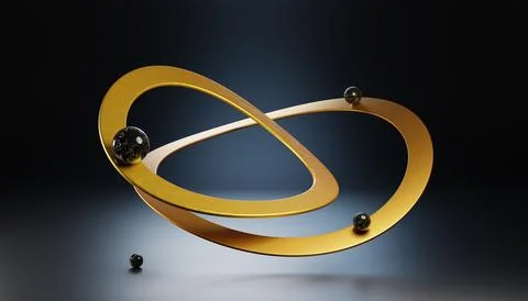 3d render black marble spheres balance on gold metal curved rings. Luxury dark Ilustración de archivo