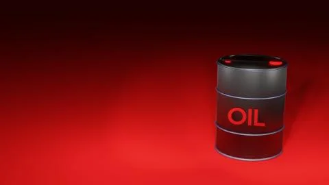 3D Render black oil drum with red oil text and copy space in red background Stock Illustration