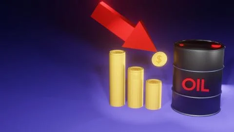 3D Render black oil drum with red oil text and copy space and trend down oil  Stock Illustration
