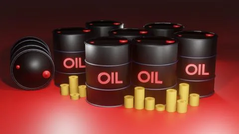 3D Render black oil drum with gold coin for oil price concept Stock Illustration