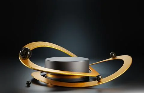 3d render black pedestal, podium display with marble spheres balancing on gold Stock Illustration