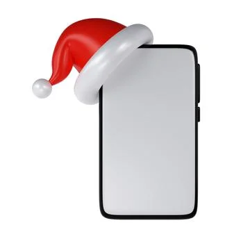 3D Render Black phone with red Santa hat icon mockup with blank white screen on Stock Illustration