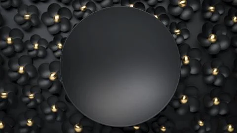 3d render of black round plate on black flowers. Perfect mockup for placing your Stock Illustration