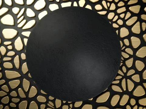 3d render black round plate or banner over golden and black animalistic Stock Illustration