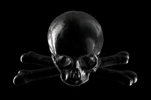 3D render of Black Skull on black background. Illustrazione stock