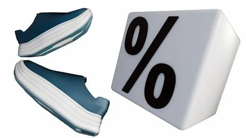 3D render of black slip-on shoes paired with a percent symbol cube. Ilustração Stock