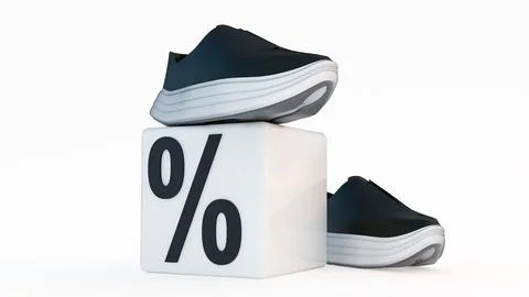 3D render of black slip-on shoes paired with a percent symbol cube. Ilustração Stock