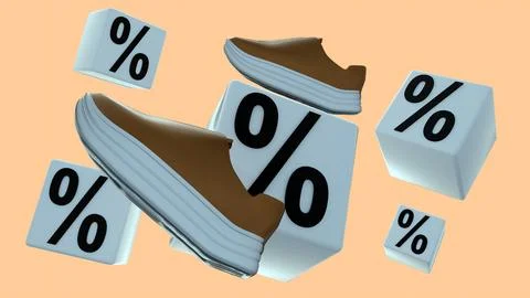 3D render of black slip-on shoes paired with a percent symbol cube. Ilustração Stock