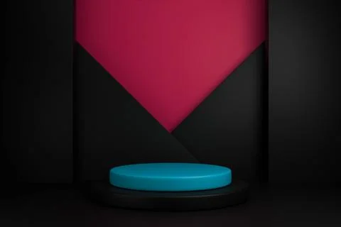 3D render Black studio with geometric shapes and a blue spotlight podium Stock Illustration