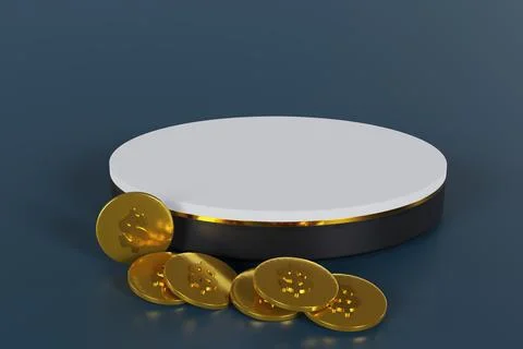 3D Render blank black and white cylinder podium, stand in navy blue studio wi Stock-Illustration