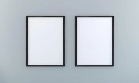 3D render of blank black picture frames on a gray wall with copy space Stock Illustration