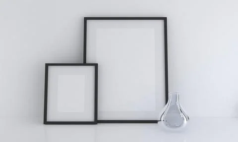 3D render of blank black picture frames on a gray wall with copy space Stock-Illustration