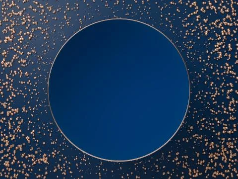 3D render of blank blue round plate or sign on blue background and copper balls Stock Illustration