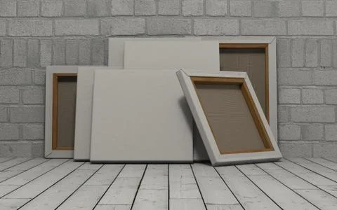 3d render of an Blank Canvas on exposed brick wall Illustrazione stock