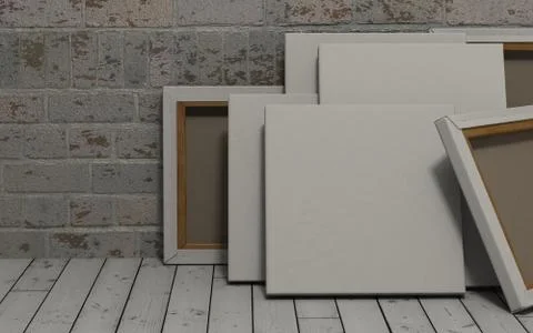 3d render of an Blank Canvas on exposed brick wall Illustrazione stock