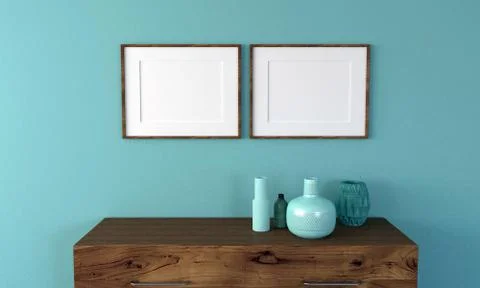 3d render of blank frames and a shelf with decorative vases イラスト素材