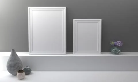 3d render of blank frames on a shelf with some decoratives Stockillustratie