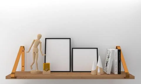 3d render of blank frames on a shelf with decoratives and books Stock Illustration