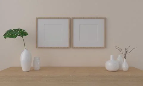 3d render of blank frames on a shelf with decorative vases Illustrazione stock