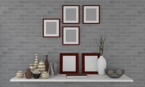 3d render of blank frames with a shelf with decoratives Stockillustratie