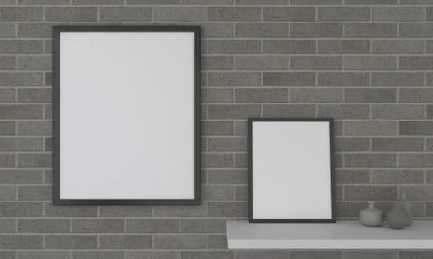 3d render of blank frames with a shelf with decorative Stock Illustration