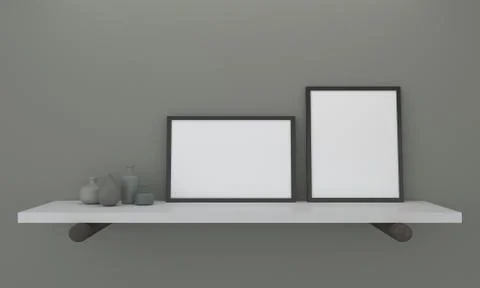 3d render of blank frames on a shelf with decorative Stock Illustration