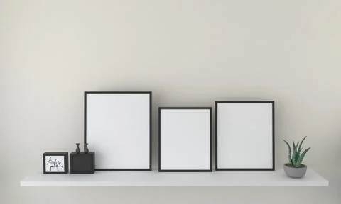 3d render of blank frames on a shelf with decoratives Illustrazione stock