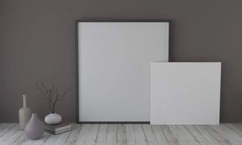 3d render of blank frames on a shelf with decoratives and vases Stock Illustration