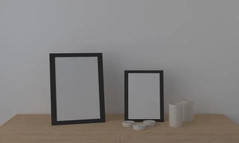 3d render of blank frames on a shelf with decoratives Stock-Illustration