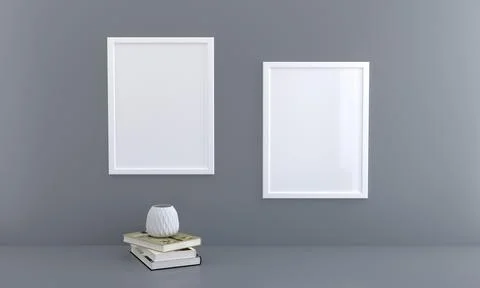 3D render of blank picture frames on a gray wall with copy space near books and Stock Illustration