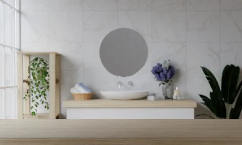 3D render with blank space and counter with top wood with washbasin and modern Stock Illustration