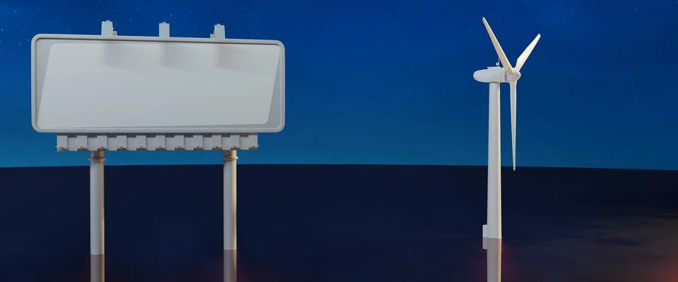3D render of a blank white billboard under a starry blue sky near a wind turbine Stock Illustration