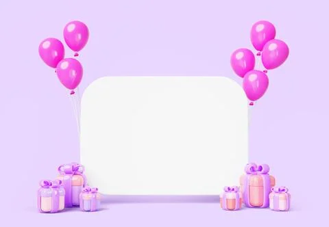 3d render blank white board with pink balloons and gift boxes on purple Stock Illustration