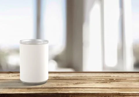 3d render of a blank white food can with white label mockup on wooden table with Stock Illustration