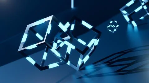 3d render of blochain cobes in neon blue light. Big data concept. Artificial Stock Illustration