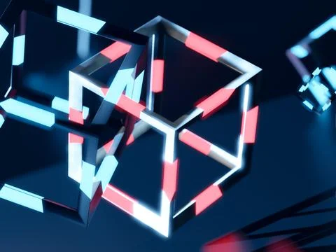 3d render of blochain cobes in neon blue light. Big data concept. Artificial Stock Illustration