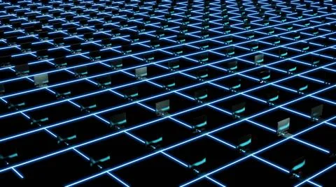3d render of blochain with computers, cryptocurrency farm mining. Big data... Stock Photos