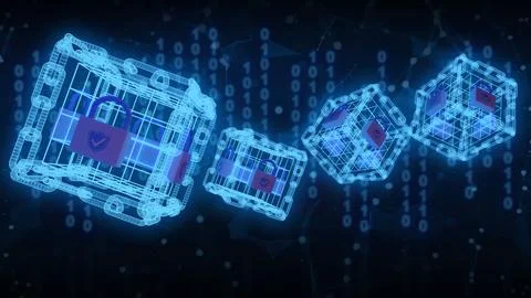 3D render Blockchain technology for security with digital code in abstract .. Stock-Illustration