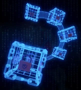 3D render Blockchain technology for security with digital code in abstract .. Stock-Illustration