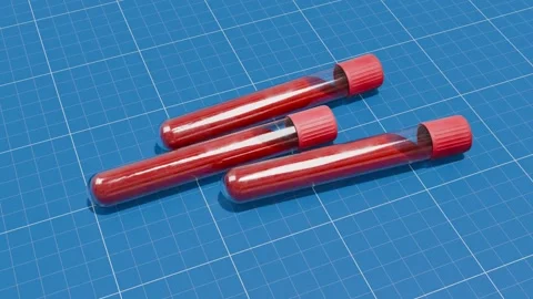 3D Render of Blood Sample Test Tubes on Blue Laboratory Grid Background. 4K Stock Footage 340008802