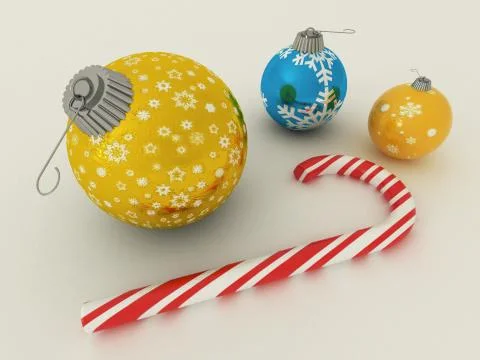 3D render of blue and gold holiday decoration baubles with candy cane Stock Illustration