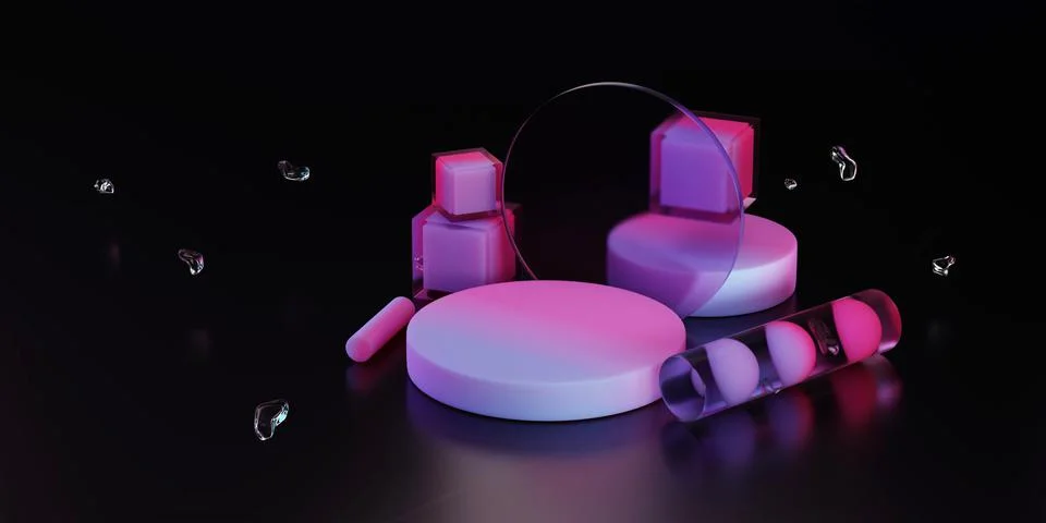 3d render . blue and pink rubber podium with transparent glass cylinder in ge Stock Illustration