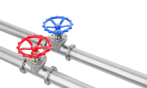 3d render blue and red valves on steel pipes. Stock Illustration
