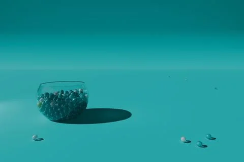 3d render of blue and while hard candies scattered around glass bowl Illustrazione stock